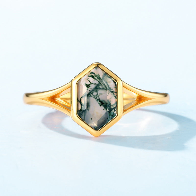 S925 Sterling Silver Jewelry Ring Natural Moss Agate Gemstone Geometric Simple Luxury Rings