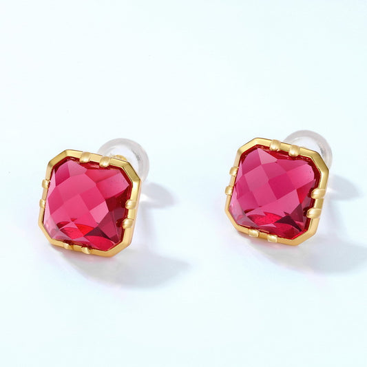 S925 Sterling Silver Jewelry Earrings Red Corundum Gemstone Square Style Stud Earrings