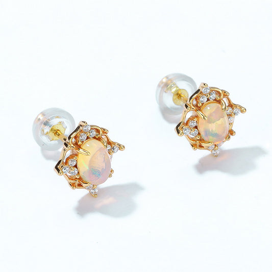 S925 Sterling Silver Jewelry Earrings Gold Plating Opal Gemstone Palace Style Stud Earrings