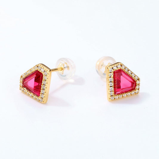 S925 Sterling Silver Jewelry Earrings Red Corundum Gemstone Shield Style Earrings