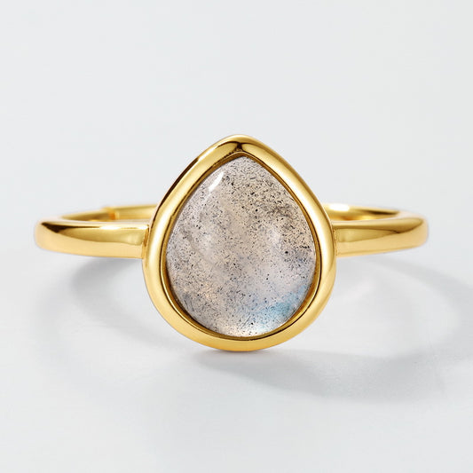 S925 Sterling Silver Jewelry Ring Natural Labradorite Gemstone Waterdrop Style Fashion Rings