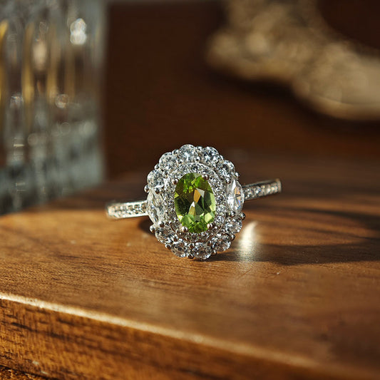 S925 Sterling Silver Jewelry Ring Natural Peridot Gemstone Oval Style Simple Luxury Rings