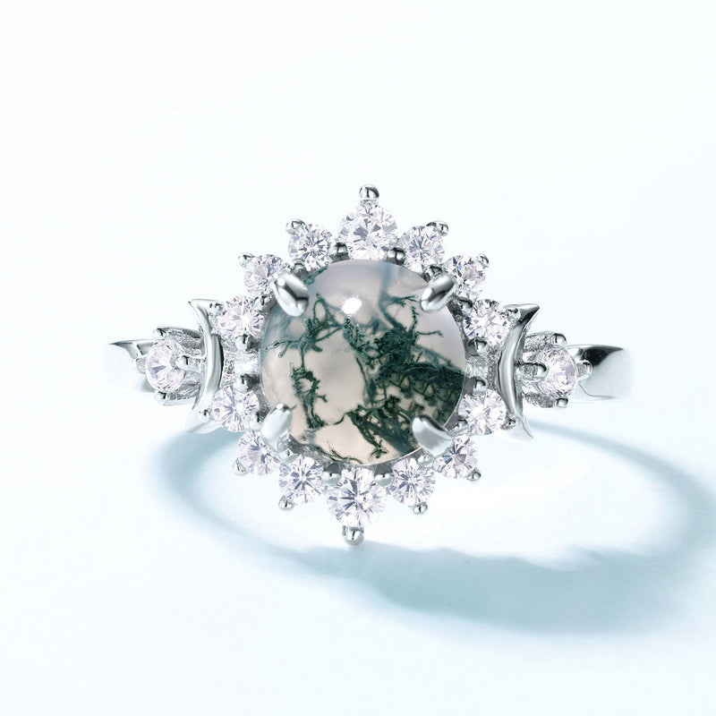 S925 Sterling Silver Jewelry Ring Natural Moss Agate Gemstone Floral Style Luxury Rings