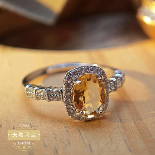S925 Sterling Silver Jewelry Ring Natural Citrine Gemstone Oval Style Luxury Rings
