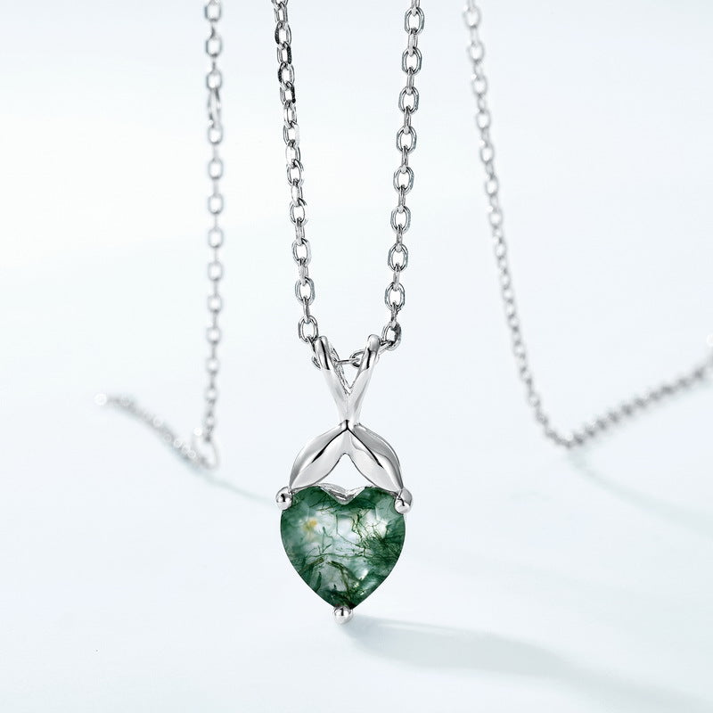 S925 Sterling Silver Jewelry Pendant Natural Moss Agate Gemstone Hear Style Necklace Charms