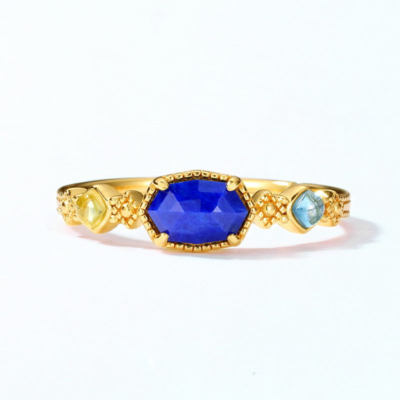 S925 Sterling Silver Jewelry Ring Natural Lapis Lazuli Gemstone Geometric Style Rings