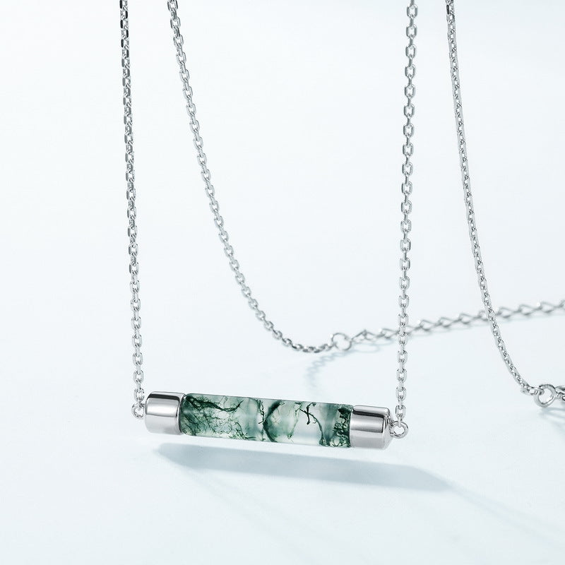 S925 Sterling Silver Jewelry Necklace Natural Moss Agate Gemstone Geometric Charms Necklace