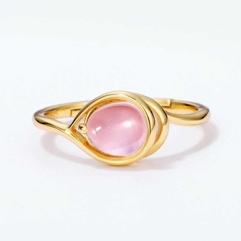 S925 Sterling Silver Jewelry Ring Natural Rose Quartz Gemstone Water Drop Style Rings