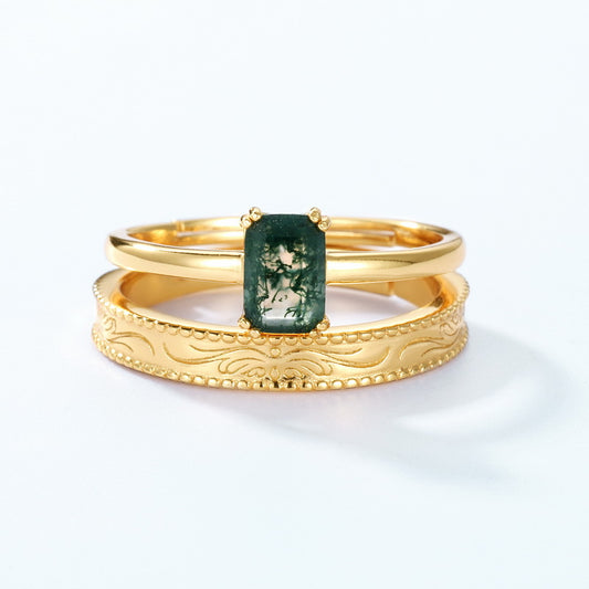 S925 Sterling Silver Jewelry Ring Natural Moss Agate Gemstone Gold Plating Stacking Rings
