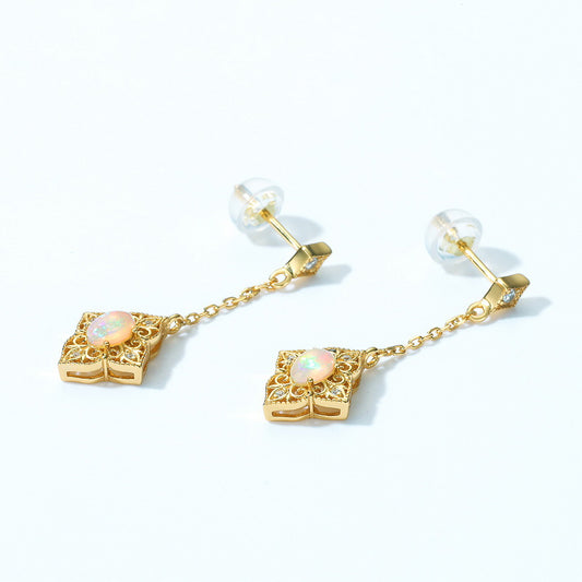 S925 Sterling Silver Jewelry Earrings Natural Opal Gemstone Floral Style Drop Earrings
