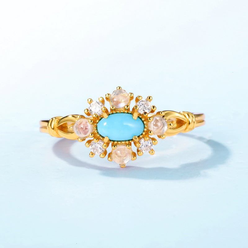 S925 Sterling Silver Jewelry Ring Natural Turquoise Gemstone Vintage Palace Style Rings