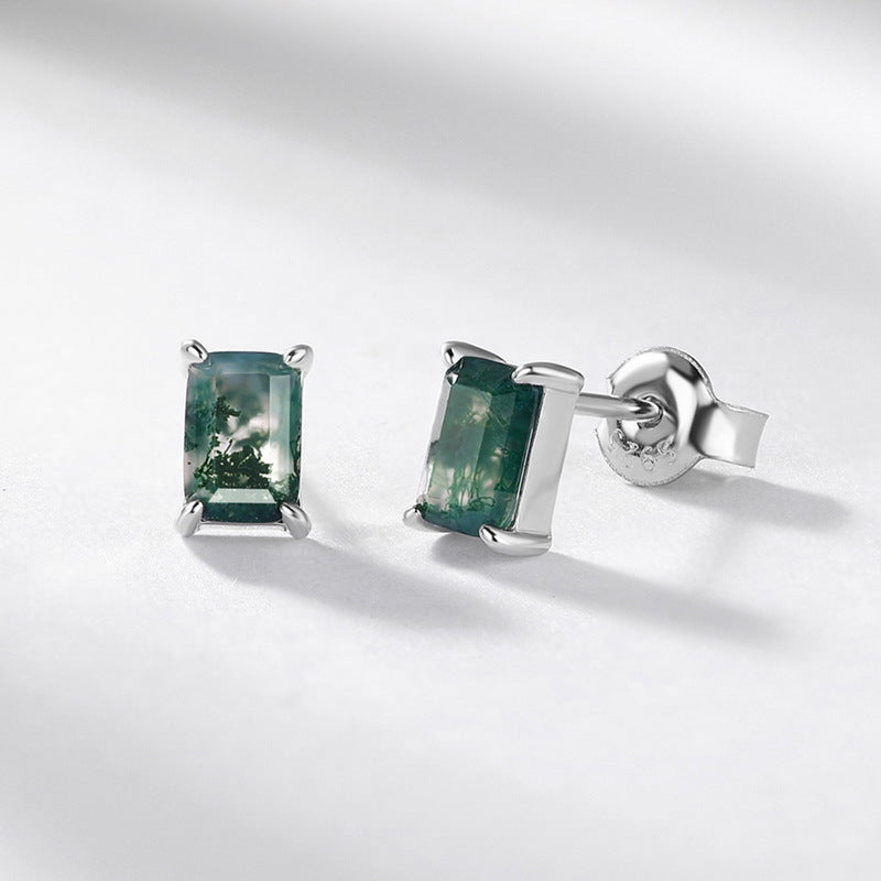 S925 Sterling Silver Jewelry Earrings Natural Moss Agate Gemstone Geometric Style Earrings