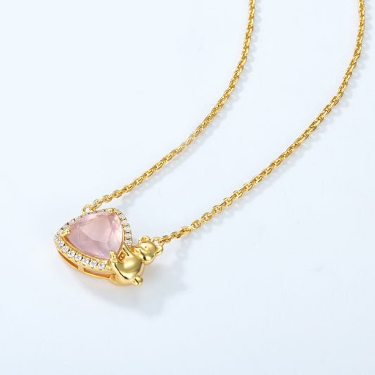 S925 Sterling Silver Jewelry Necklaces Natural Rose Quartz Little Bear Triangle Style Necklace