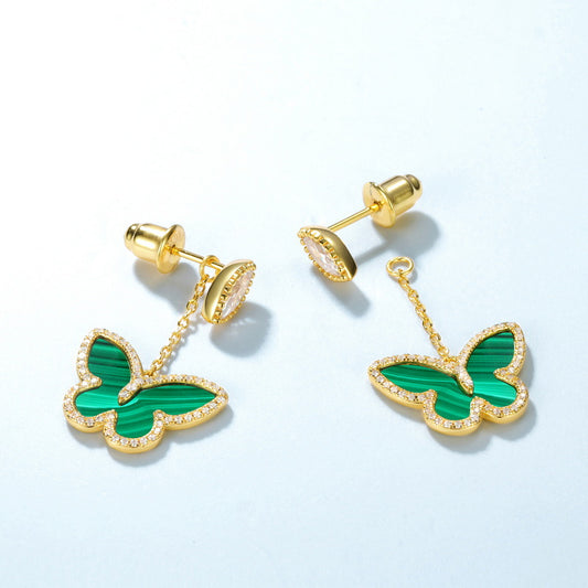 S925 Sterling Silver Jewelry Earrings Natural Malachite Gemstone Butterfly Style Drop Earrings