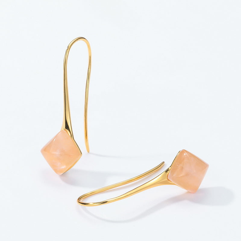 S925 Sterling Silver Jewelry Gold Plating Natural Rose Quartz Gemstone Hook Earrings