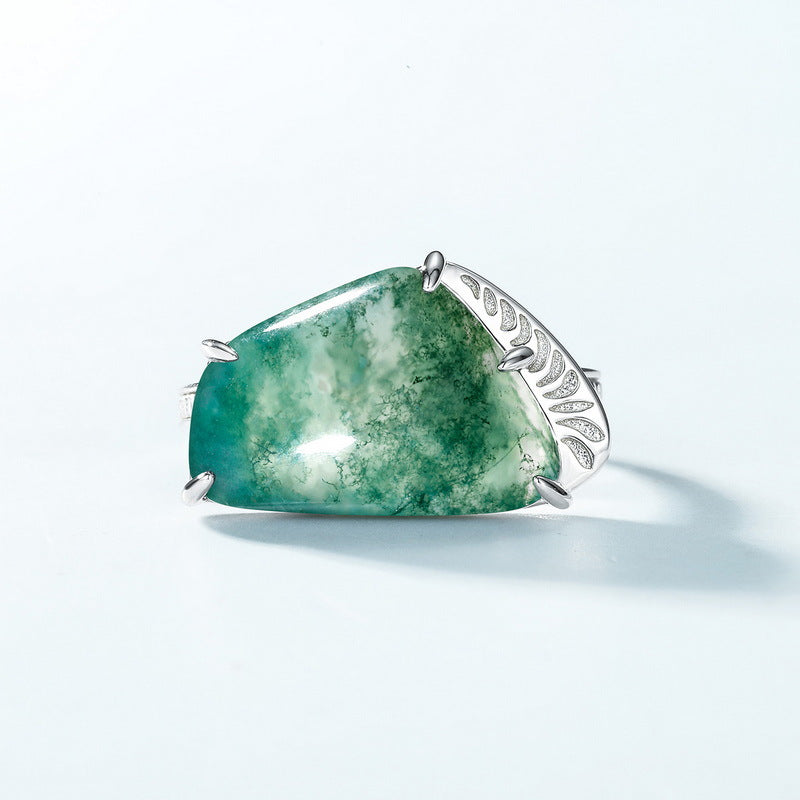 S925 Sterling Silver Jewelry Ring Natural Moss Agate Gemstone Irregular Style Luxury Rings