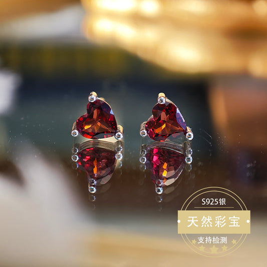 Natural Garnet Gemstone Fine Jewelry 925 Sterling Silver Heart Style Light Luxury Earrings