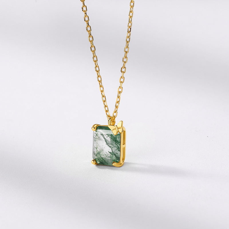 S925 Sterling Silver Jewelry Necklace Natural Moss Agate Gemstone Geometric Charms Necklace