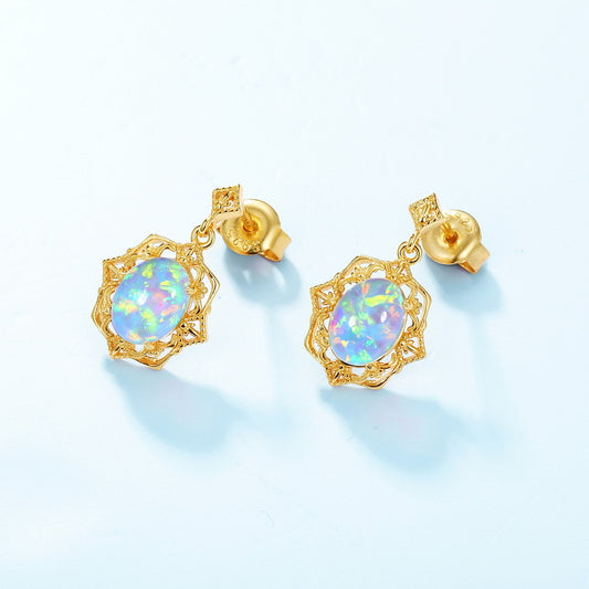 S925 Sterling Silver Jewelry Magical Color Opal Gemstone Vintage Style Drop Earrings