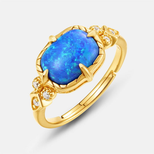 S925 Sterling Silver Jewelry Gold Plating Blue Opal Gemstone Vintage Style Rings