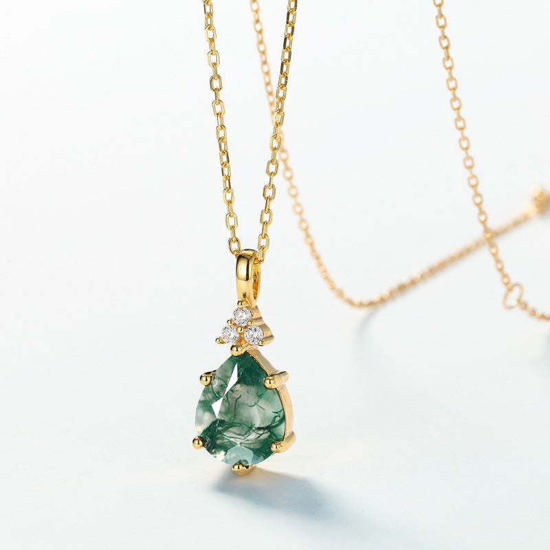 S925 Sterling Silver Jewelry Pendant Natural Moss Agate Gemstone Water Drop Necklace Charms