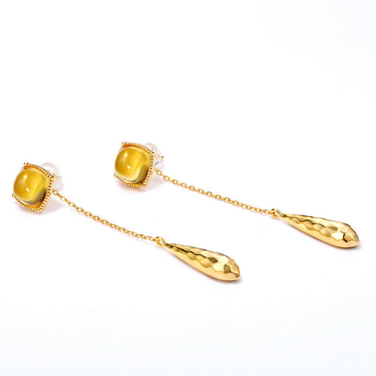 S925 Sterling Silver Jewelry Earrings Citrine Gemstone Tassels Style Drop Earrings