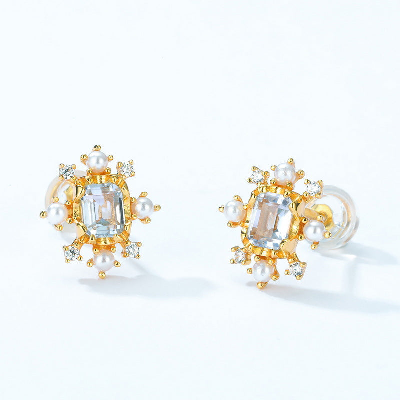 S925 Sterling Silver Jewelry Earrings Natural Sky Blue Topaz Gemstone Snowflake Stud Earrings