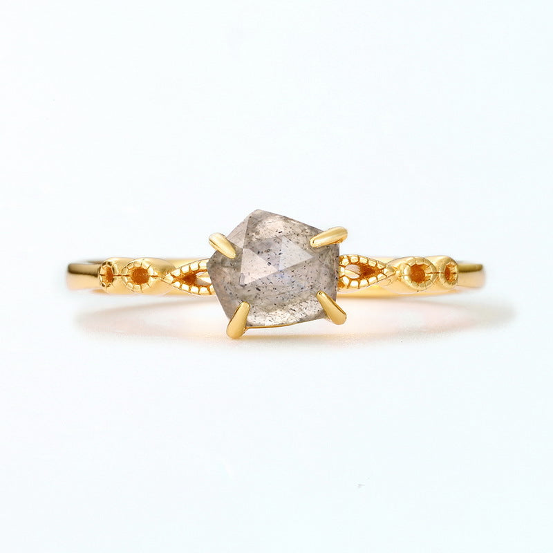S925 Sterling Silver Jewelry Ring Natural Labradorite Gemstone Geometric Style Exquisite Rings
