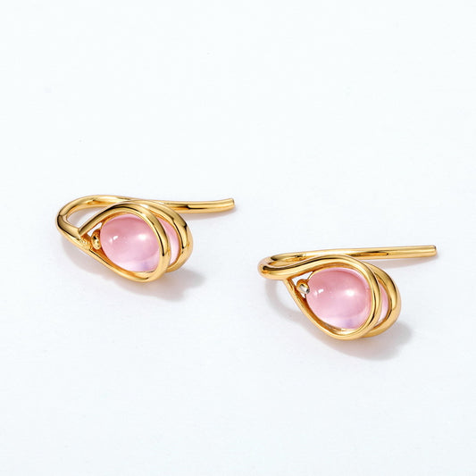 S925 Sterling Silver Jewelry Earrings Gold Plating Natural Rose Quartz Gemstone Earrings