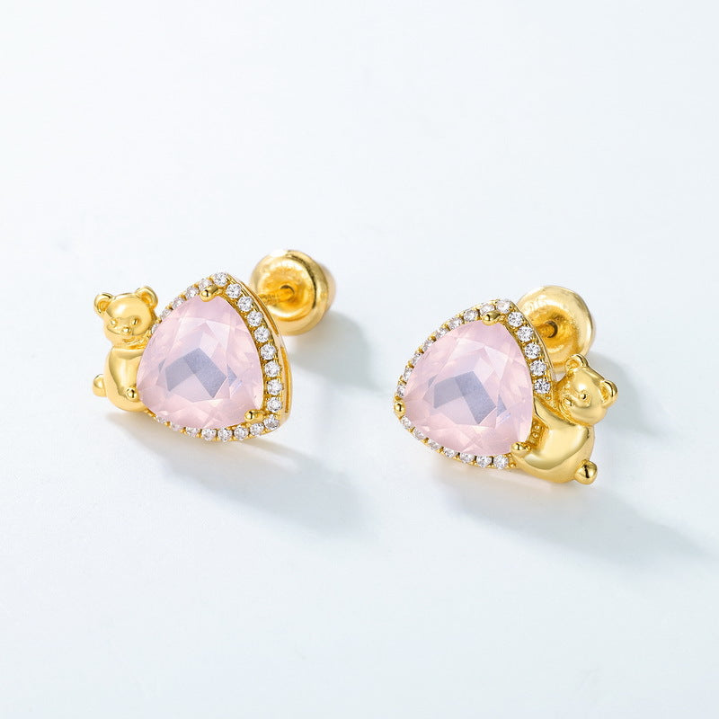 S925 Sterling Silver Jewelry Earrings Natural Rose Quartz Little Bear Triangle Style Earrings