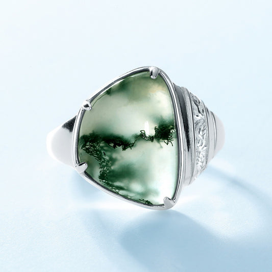 S925 Sterling Silver Jewelry Ring Natural Moss Agate Gemstone Irregular Vintage Style Rings