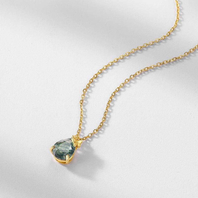 S925 Sterling Silver Jewelry Necklace Natural Moss Agate Gemstone Water Drop Charms Necklace