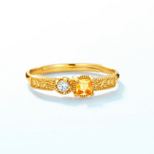 S925 Sterling Silver Jewelry Ring Natural Citrine Gemstone Geometric Style Simple Luxury Rings