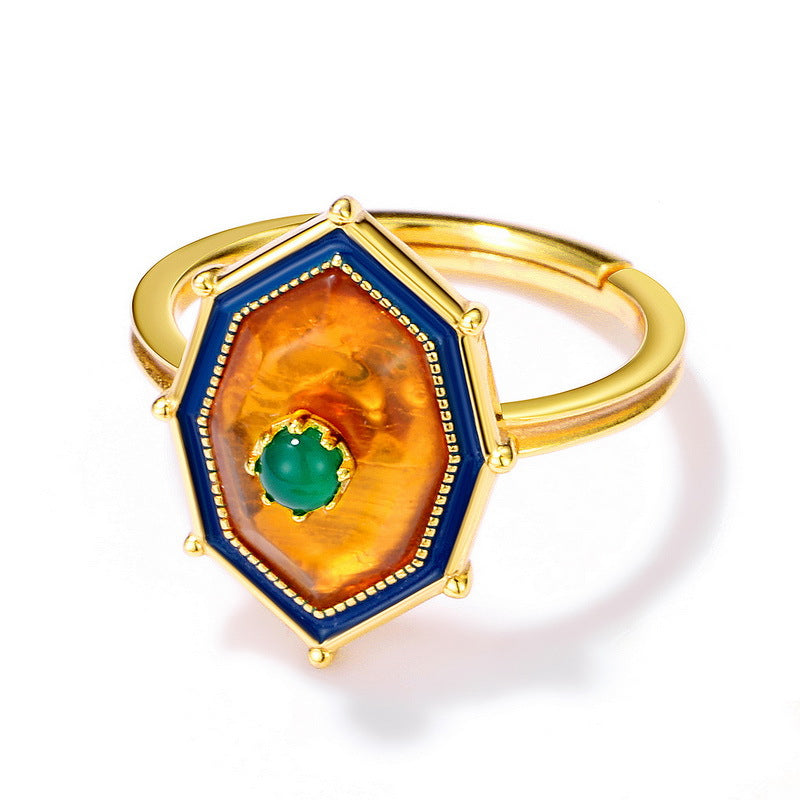 S925 Sterling Silver Jewelry Ring Natural Amber Vintage Palace Style Simple Luxury Rings