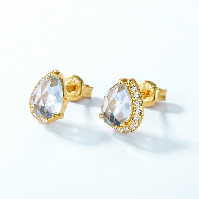 S925 Sterling Silver Jewelry Earrings Natural Sky Blue Topaz Gemstone Luxury Stud Earrings