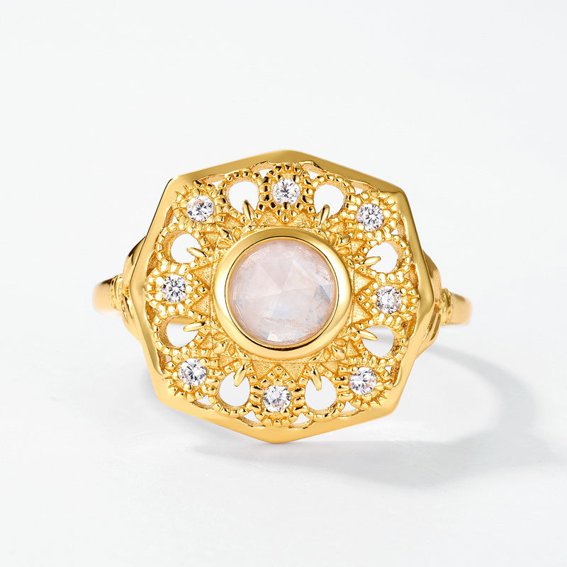 S925 Sterling Silver Jewelry Ring Natural Moonstone Gemstone Sunflower Style Luxury Rings
