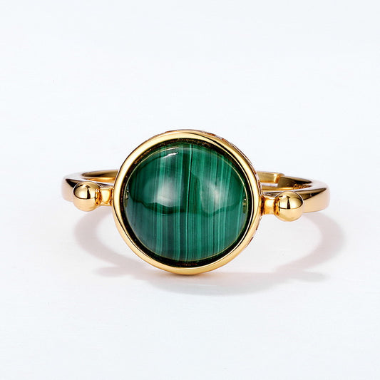 S925 Sterling Silver Jewelry Ring Natural Malachite Gemstone Gold Plating Simple Luxury Rings
