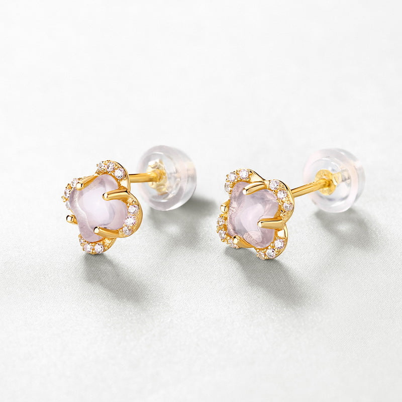 S925 Sterling Silver Jewelry Earrings Natural Rose Quartz Lucky Clover Style Stud Earrings