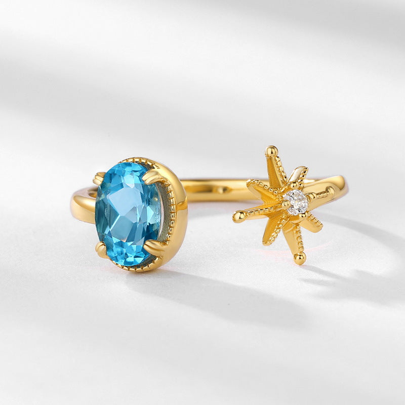 S925 Sterling Silver Jewelry Ring Natural Swiss Blue Topaz Gemstone Star Style Rings