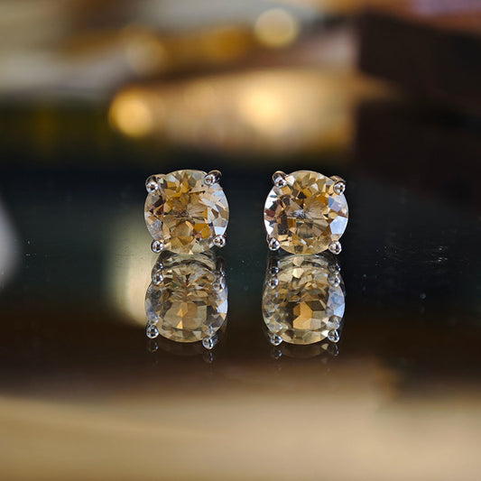 S925 Sterling Silver Jewelry Earrings Natural Citrine Gemstone Round Style Stud Earrings