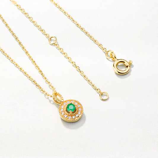 S925 Sterling Silver Jewelry Pendants Natural Emerald Gemstone Round Board Necklace Charms