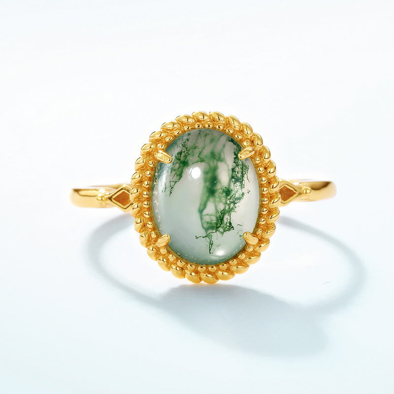 S925 Sterling Silver Jewelry Ring Natural Moss Agate Gemstone Vintage Geometric Luxury Rings