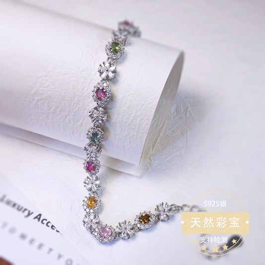 S925 Sterling Silver Jewelry Bracelet Natural Tourmaline Gemstone Floral Style Chain Bracelets