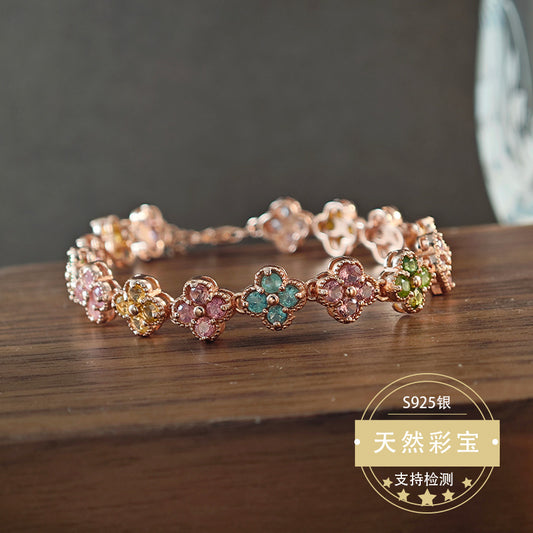 Natural Tourmaline Gemstone Fine Jewelry 925 Sterling Silver Luxury Clover Style Chain Bracelet