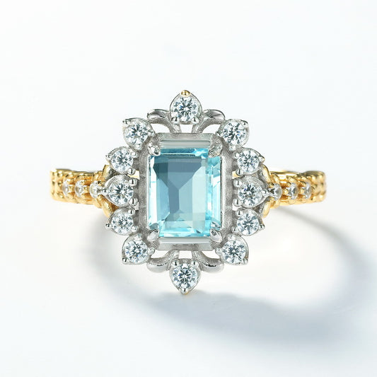 S925 Sterling Silver Jewelry Ring Natural Sky Blue Topaz Gemstone Palace Style Luxury Rings