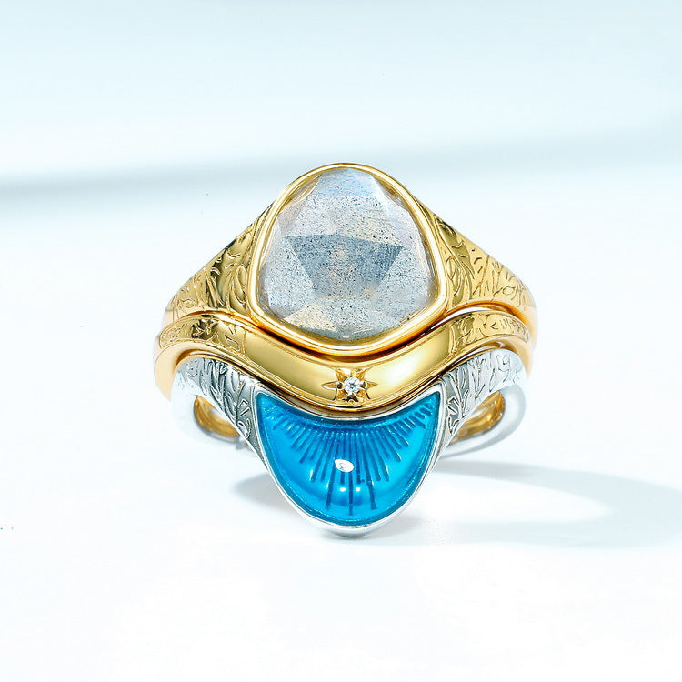 S925 Sterling Silver Jewelry Ring Natural Labradorite Gemstone Irregular Style Stacking Rings