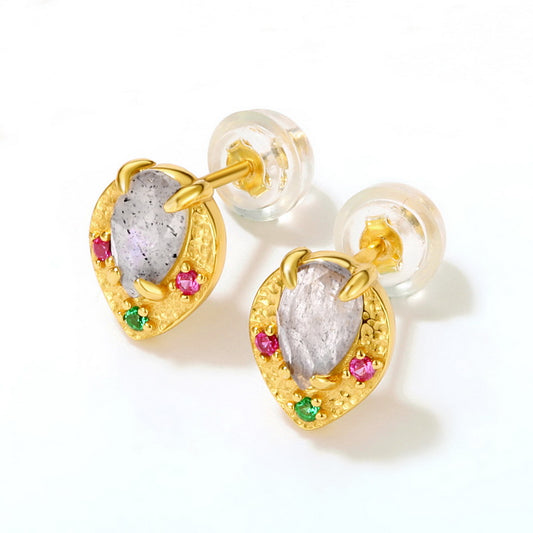 S925 Sterling Silver Jewelry Earrings Natural Labradorite Gemstone Golden Leaf Stud Earrings