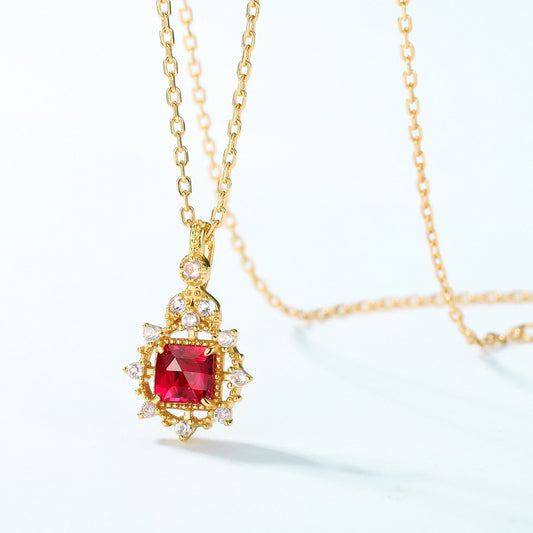 S925 Sterling Silver Jewelry Pendants Red Corundum Gemstone Palace Style Necklace Charms