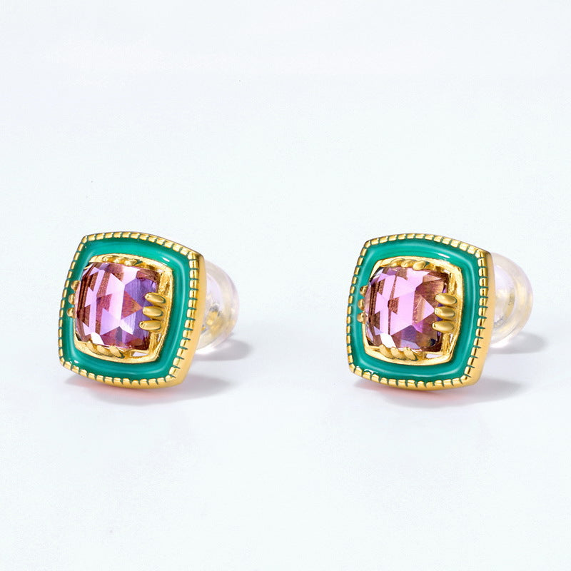 S925 Sterling Silver Jewelry Earrings Natural Amethyst Gemstone Enamel Stud Earrings
