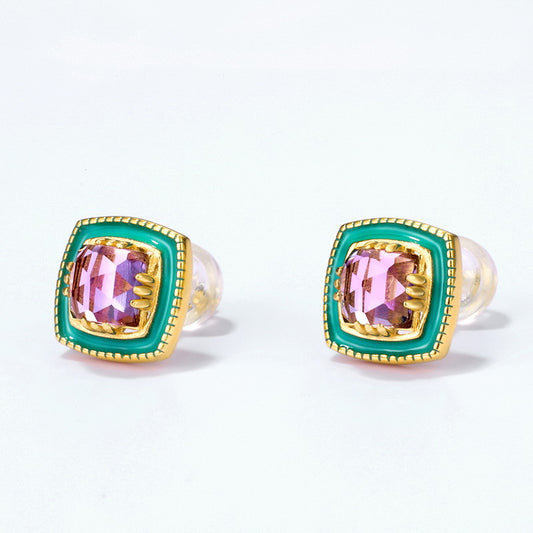 S925 Sterling Silver Jewelry Earrings Natural Amethyst Gemstone Enamel Stud Earrings